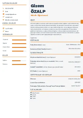 Müzik Öğretmeni Cv Örnekleri cv indir